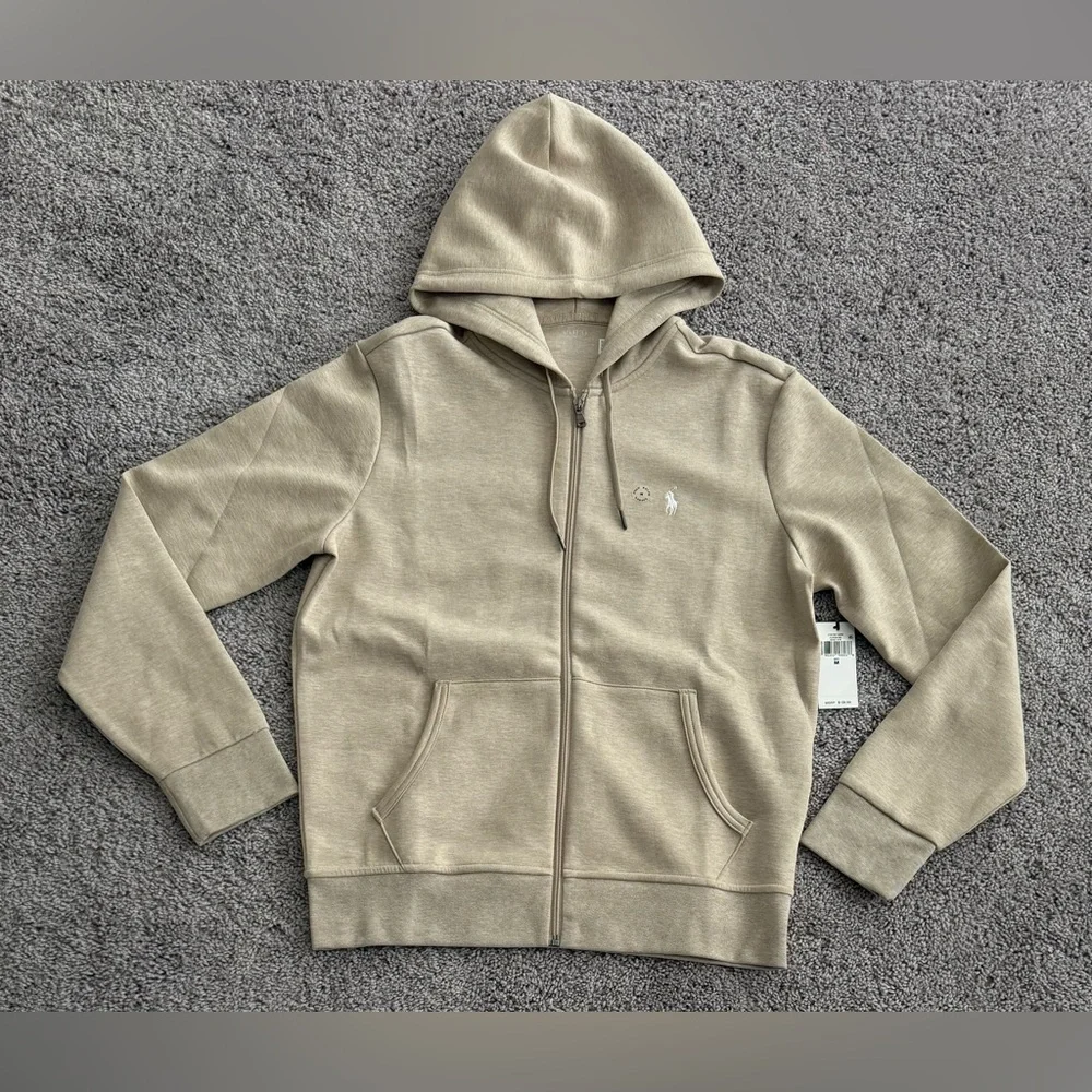 Polo Ralph Lauren RL Double Knit Hoodie Jacket Pony Beige HTR Mens Size Medium